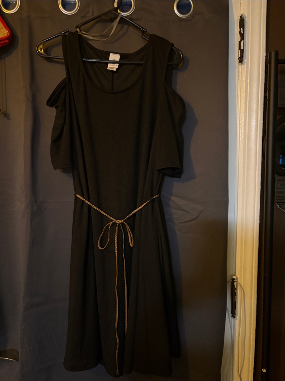 Black dress with tan belt cold shoulder